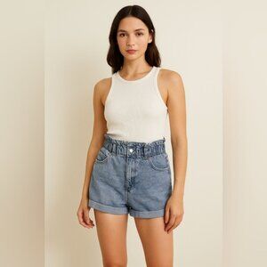 Bershka Paperbag Waist Denim Shorts - Size US 14